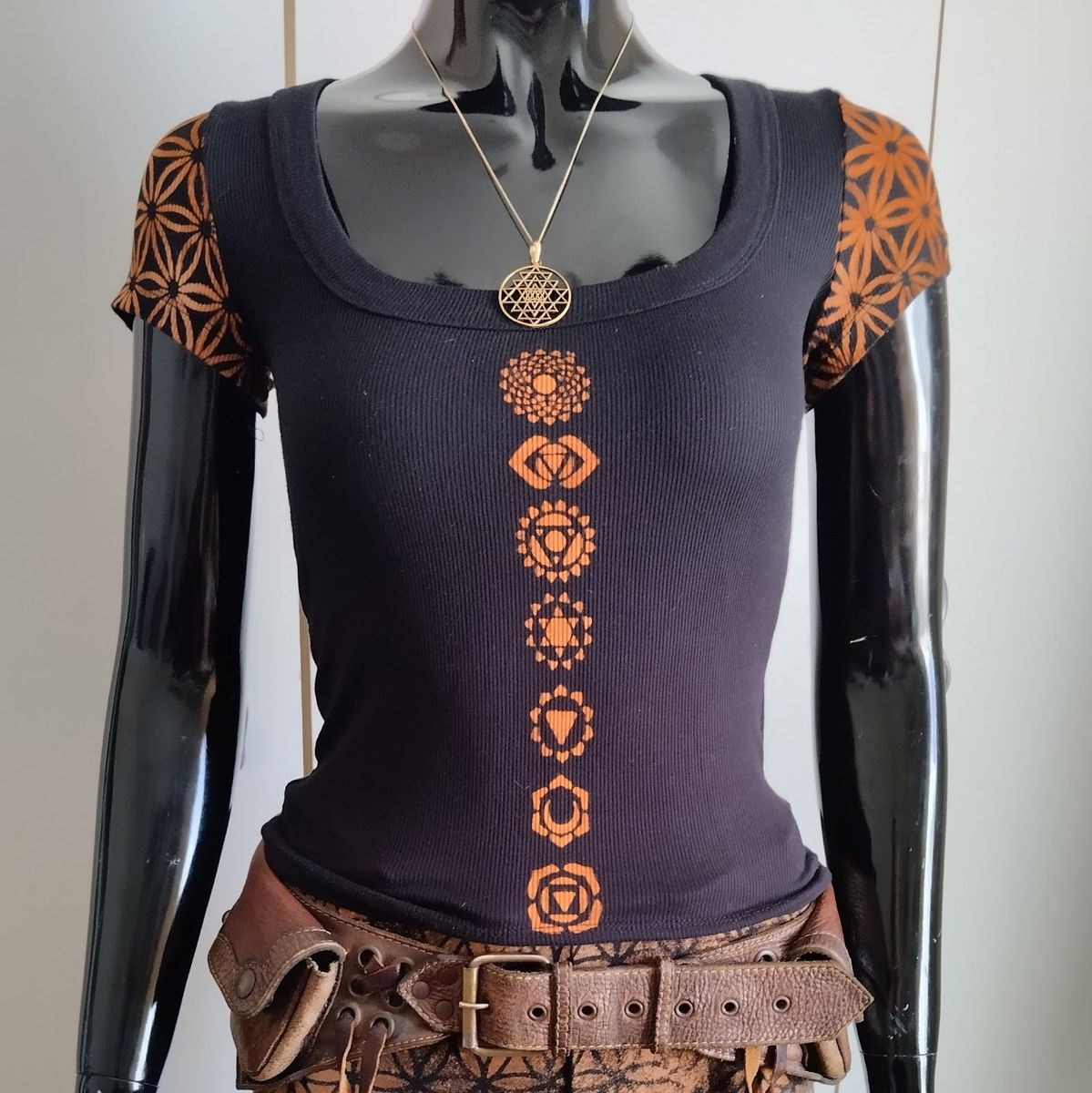 Black GeoVinty top with copper chakra pattern