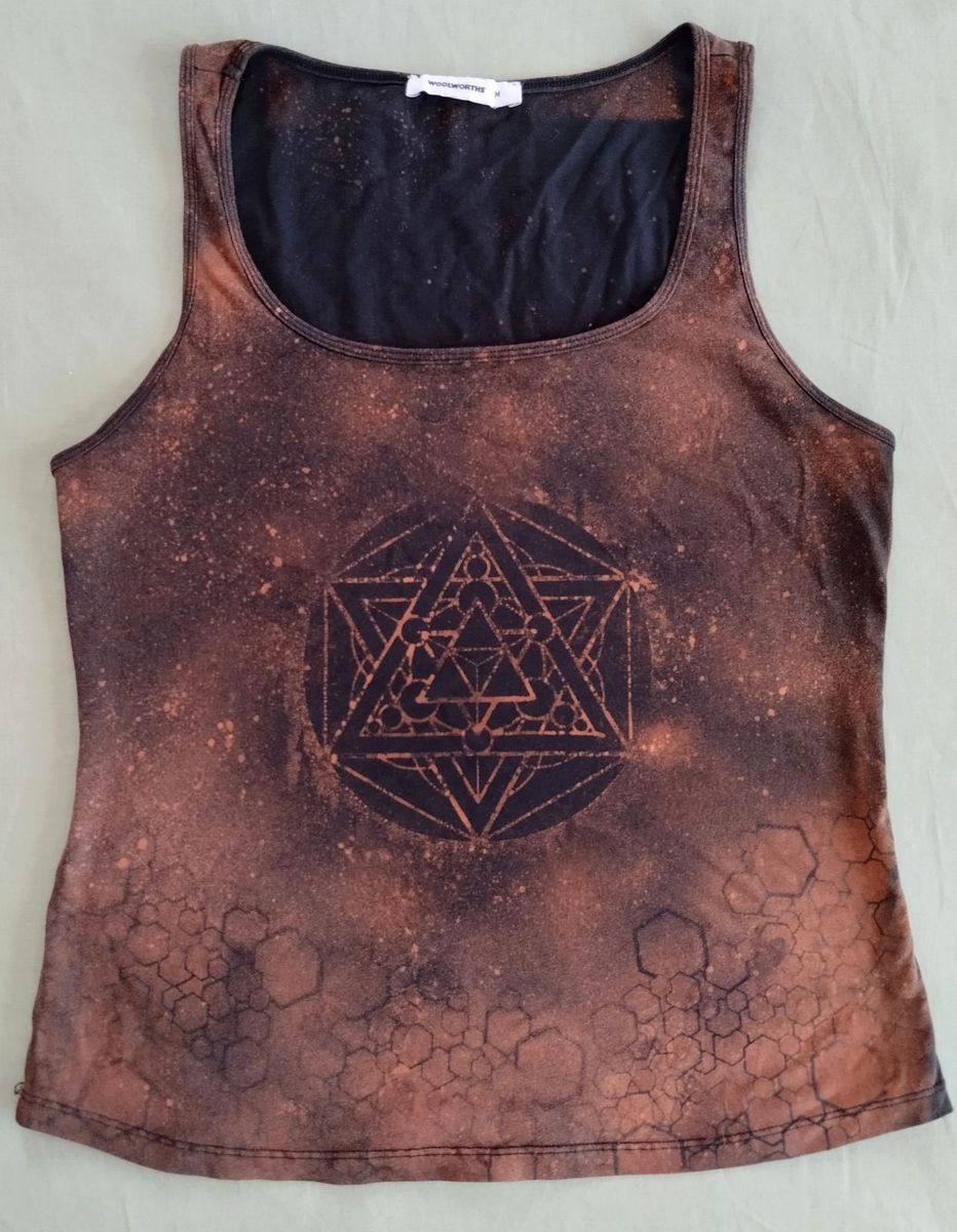 Upcycled sleeveless GeoVinty top with geometric symbol