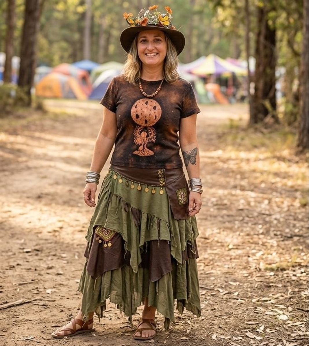 Model wearing layered GeoVinty festival outfit