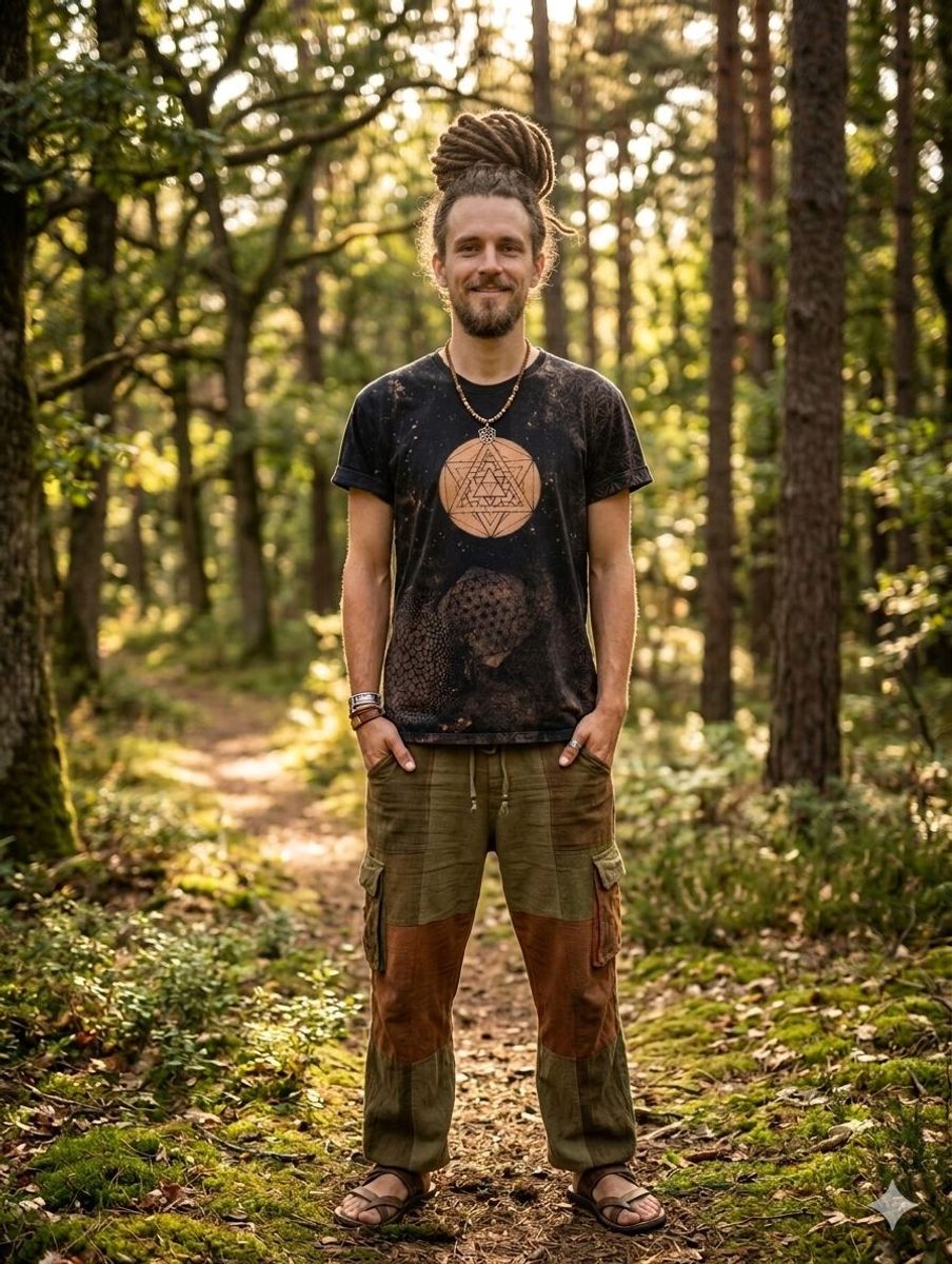 Model wearing a GeoVinty sacred geometry T-shirt